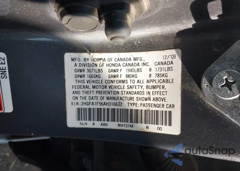 2010 Honda Civic Lx из США, поврежденный, VIN 2HGFA1F56AH316632